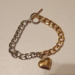 Gold Plated and  Stainless Steel Silver Heart Charm Bracelet.